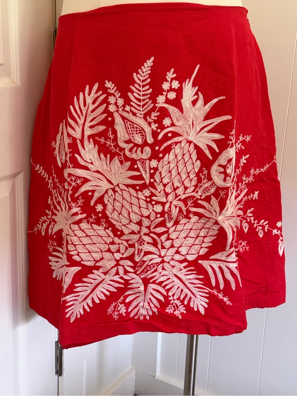 Red Skirt with White Pineapple Embroidery linen skirt